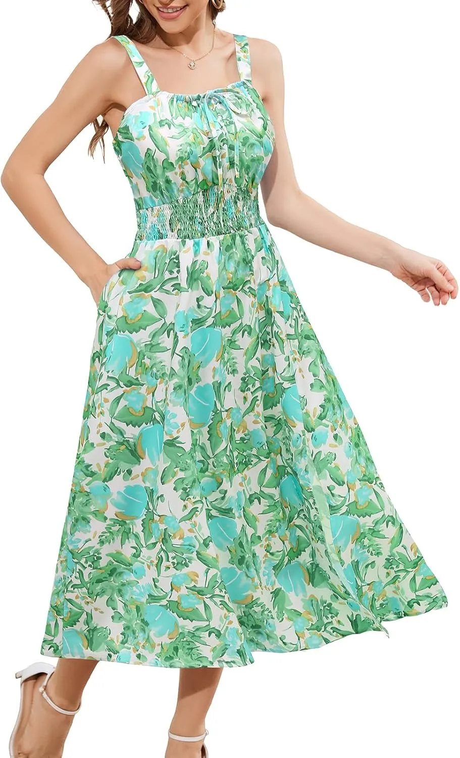 Meetjen Women's Floral Summer Beach Dress Midi Casual Wedding Guest Flowy 2025 Boho Vacation Sun Dresses with Pockets