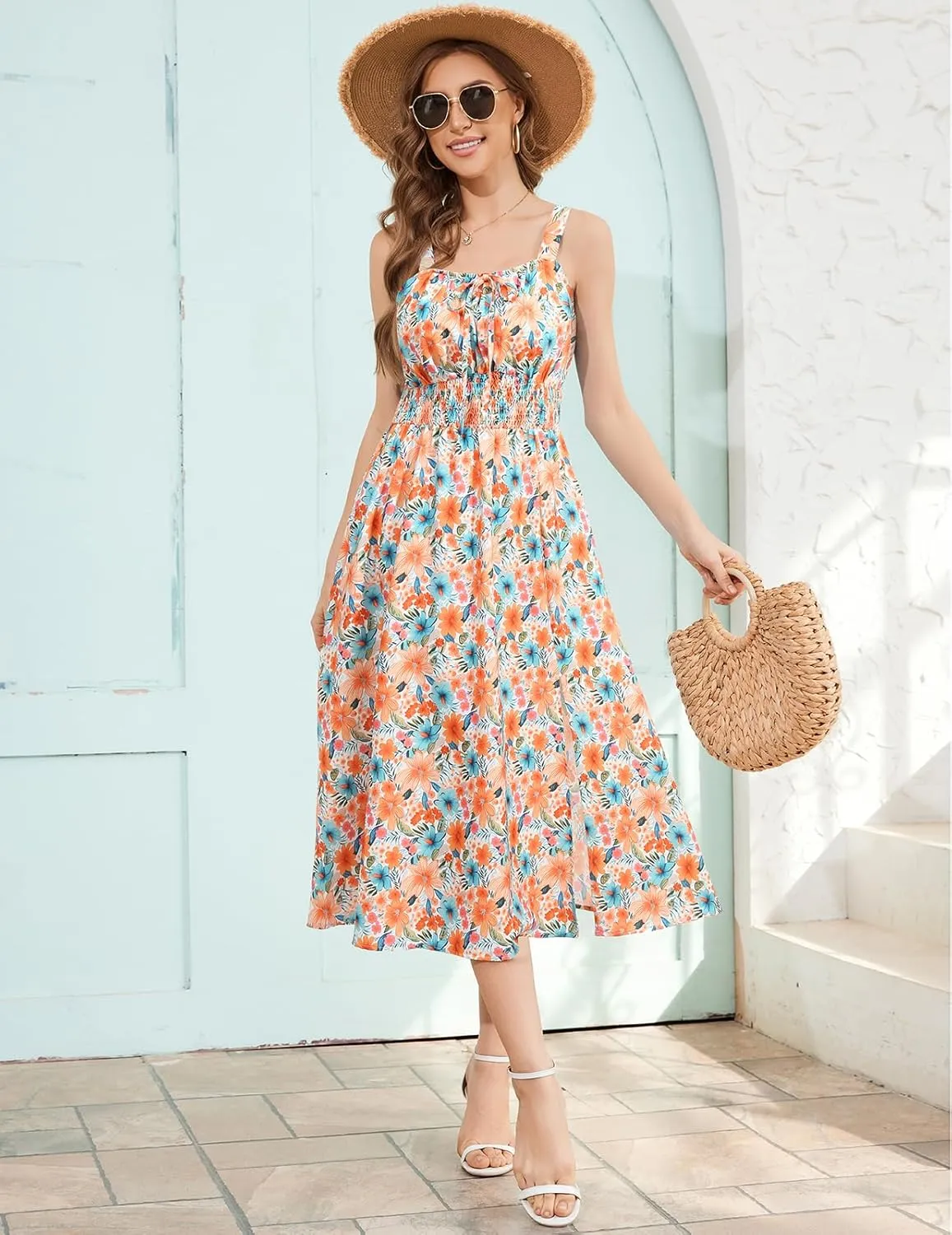 Meetjen Women's Floral Summer Beach Dress Midi Casual Wedding Guest Flowy 2025 Boho Vacation Sun Dresses with Pockets