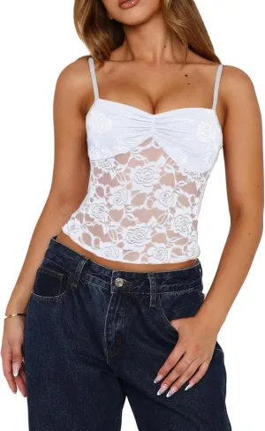 Meihuida Women Lace Top Y2k Going Out Trendy Sexy Mesh See Through Cami Tank Tops