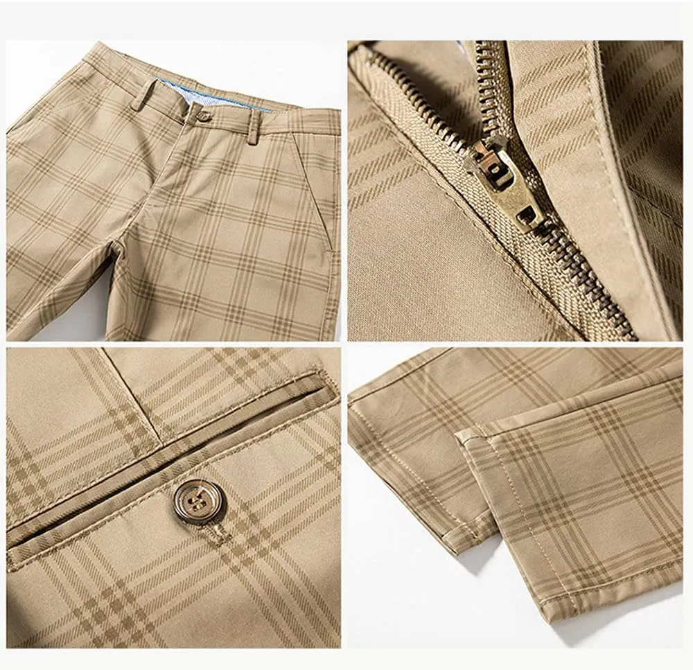 Mens Casual Plaid Pants Fashion Retro Tapered Stretch Slim Fit Business Dress Chino Pants