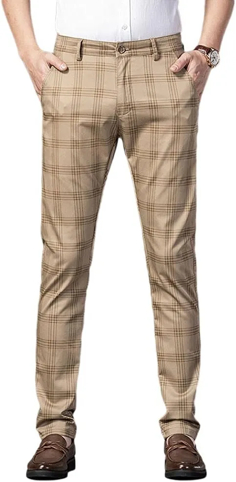 Mens Casual Plaid Pants Fashion Retro Tapered Stretch Slim Fit Business Dress Chino Pants