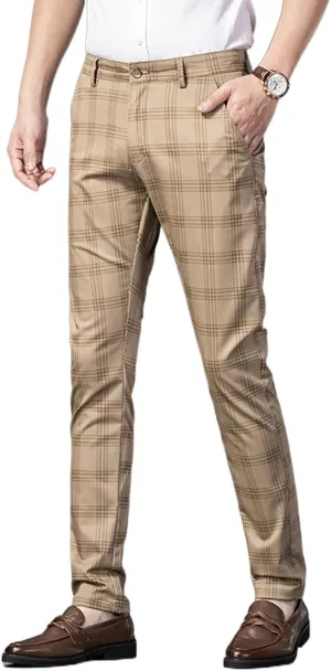 Mens Casual Plaid Pants Fashion Retro Tapered Stretch Slim Fit Business Dress Chino Pants