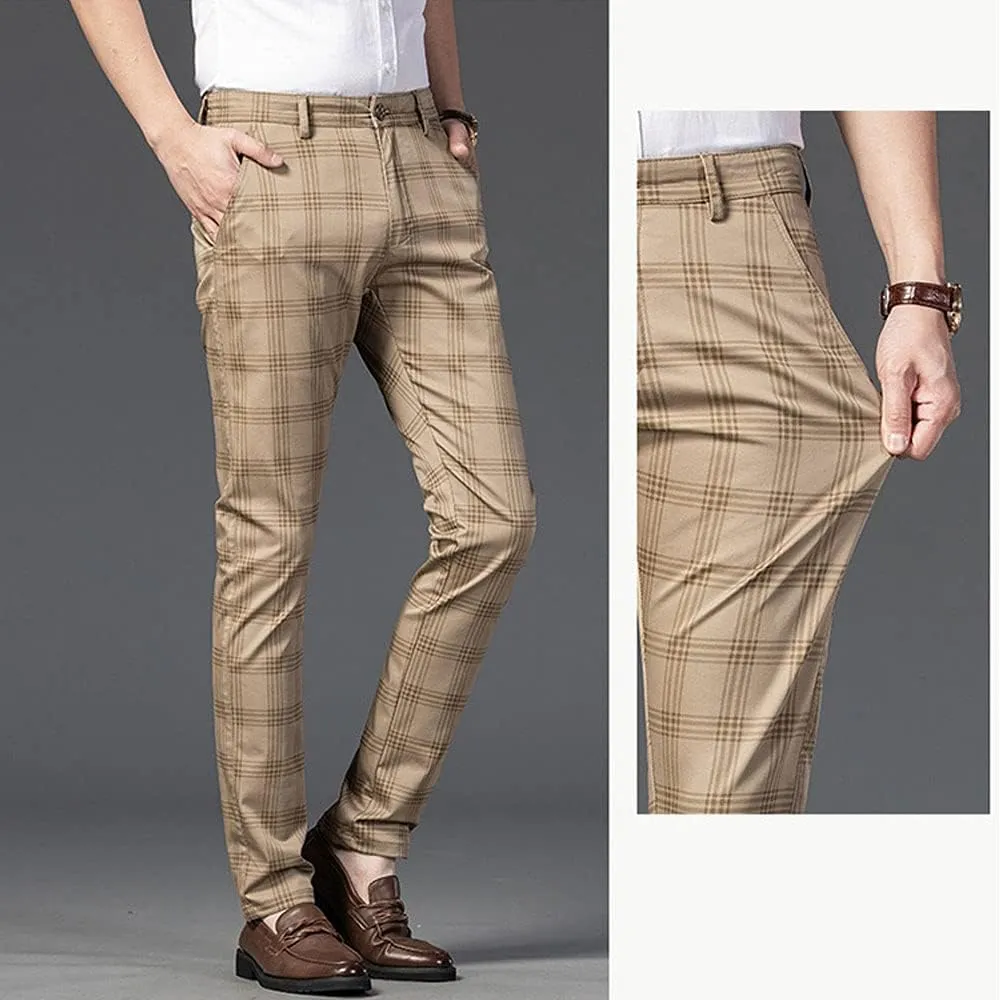 Mens Casual Plaid Pants Fashion Retro Tapered Stretch Slim Fit Business Dress Chino Pants