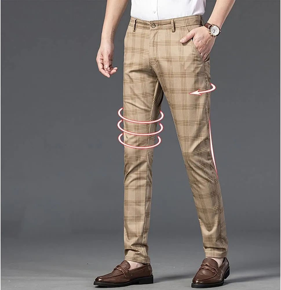 Mens Casual Plaid Pants Fashion Retro Tapered Stretch Slim Fit Business Dress Chino Pants
