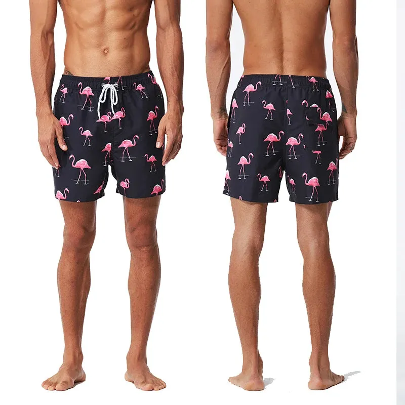 Men's Navy Blue Flamingo Print Swimwear Trunks
