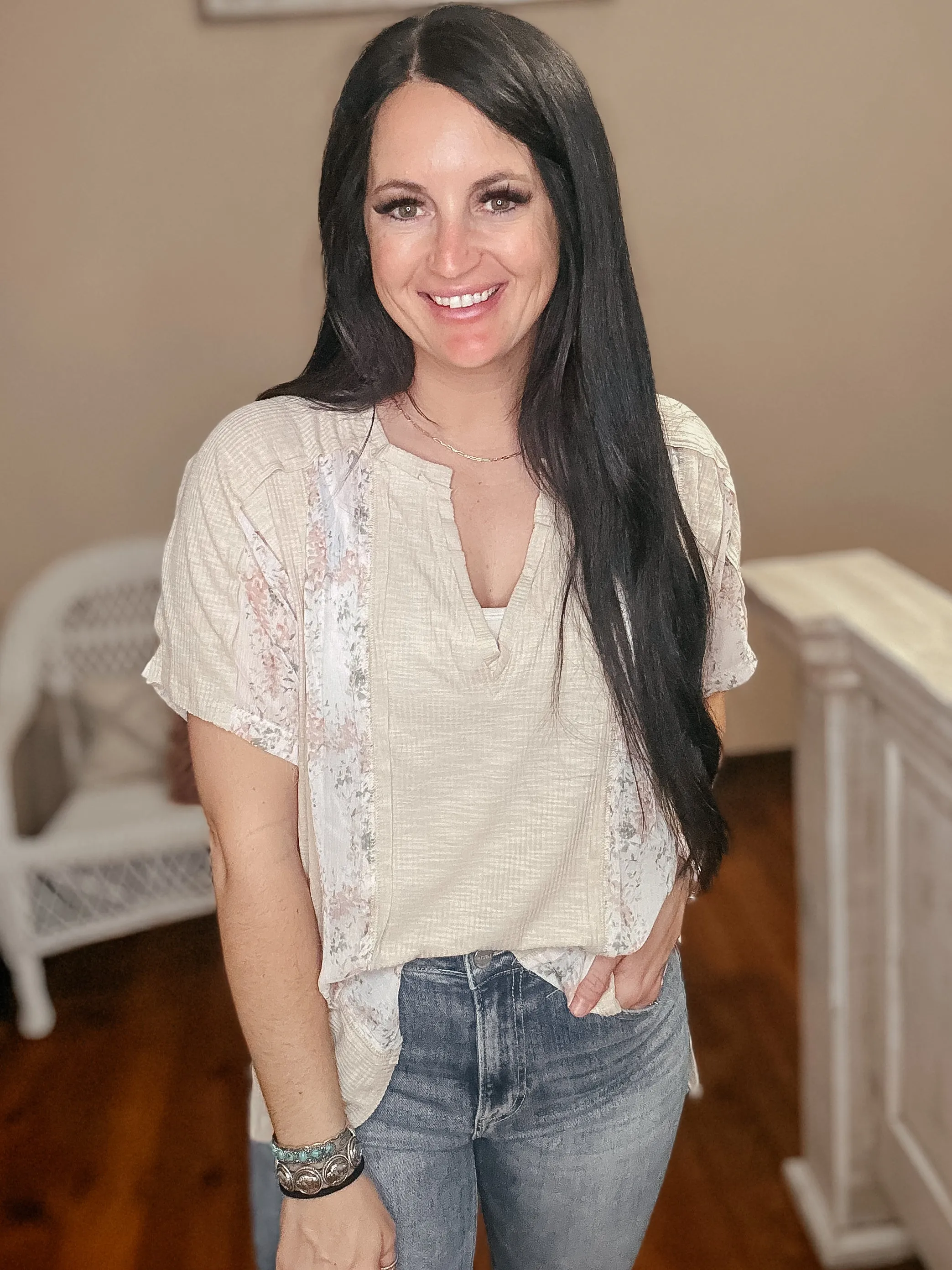 Mention Me Floral Accent Top in Toasted Almond