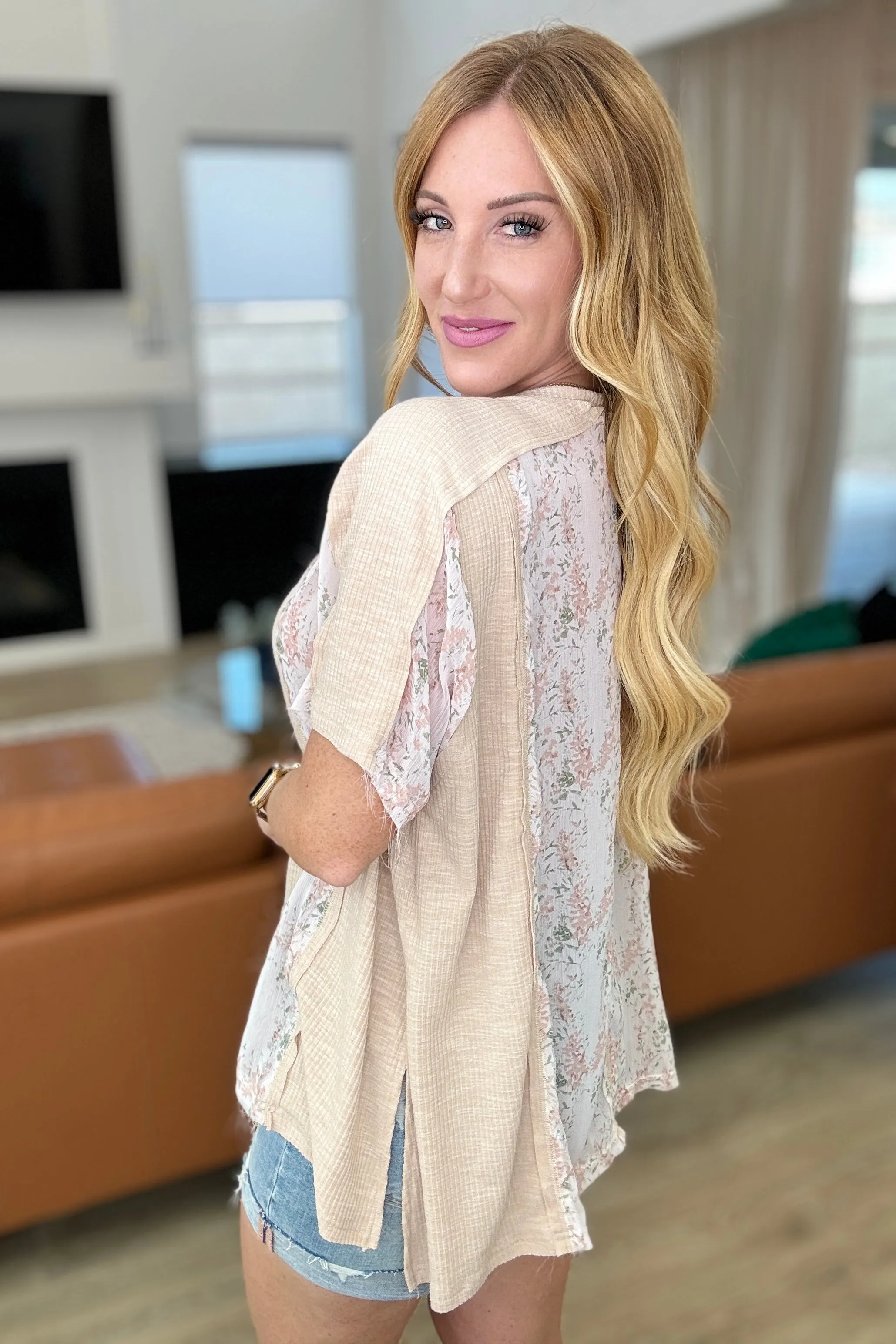 Mention Me Floral Accent Top in Toasted Almond