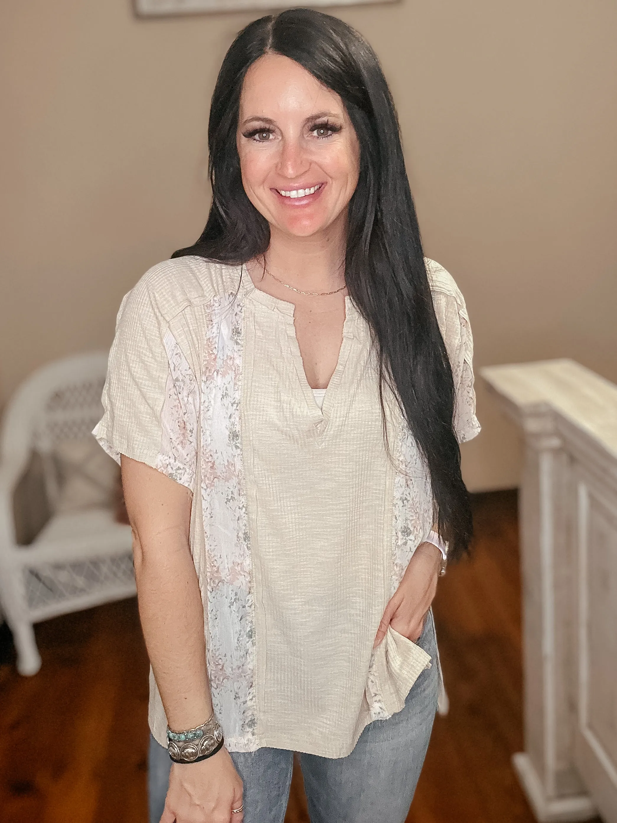 Mention Me Floral Accent Top in Toasted Almond
