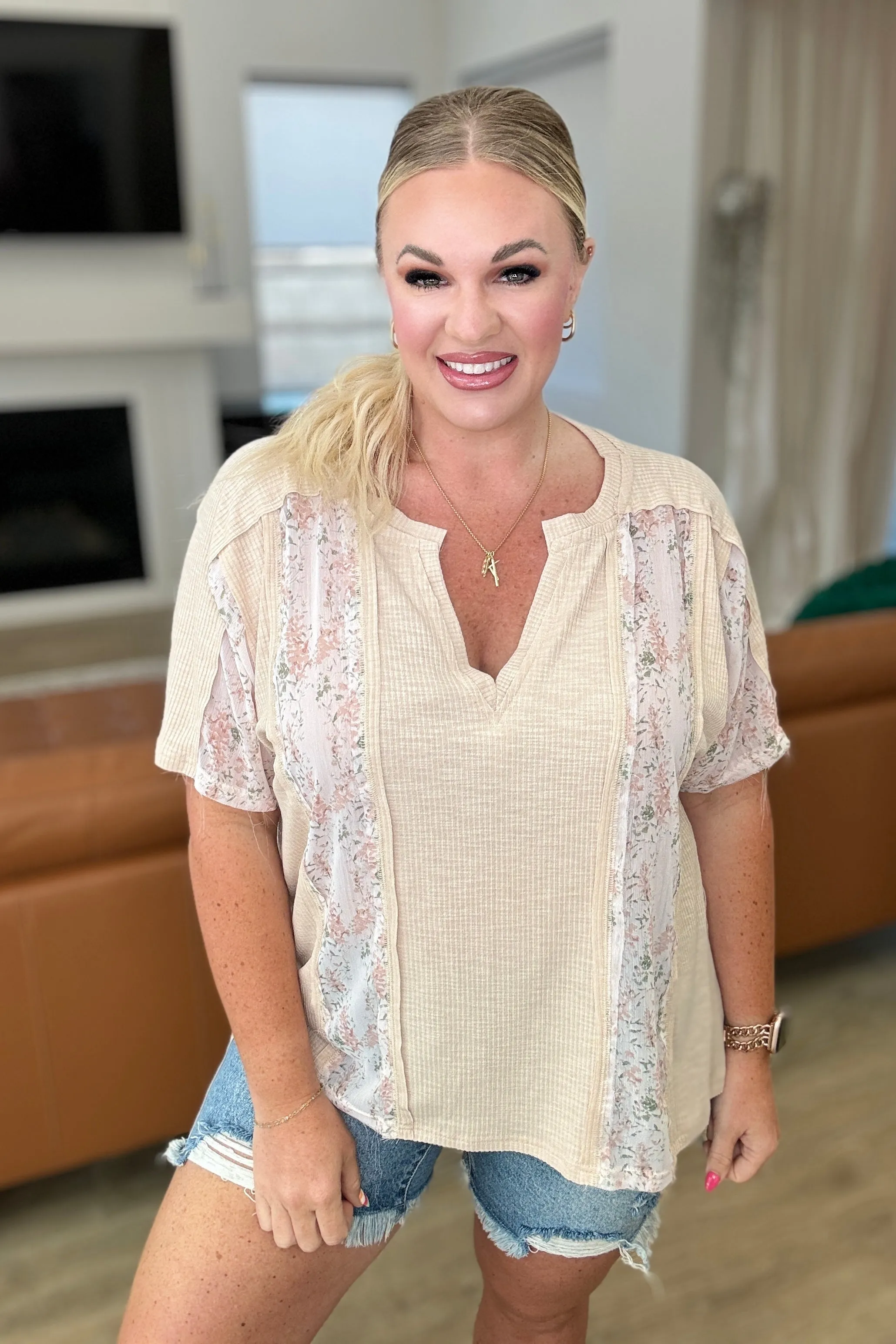 Mention Me Floral Accent Top in Toasted Almond