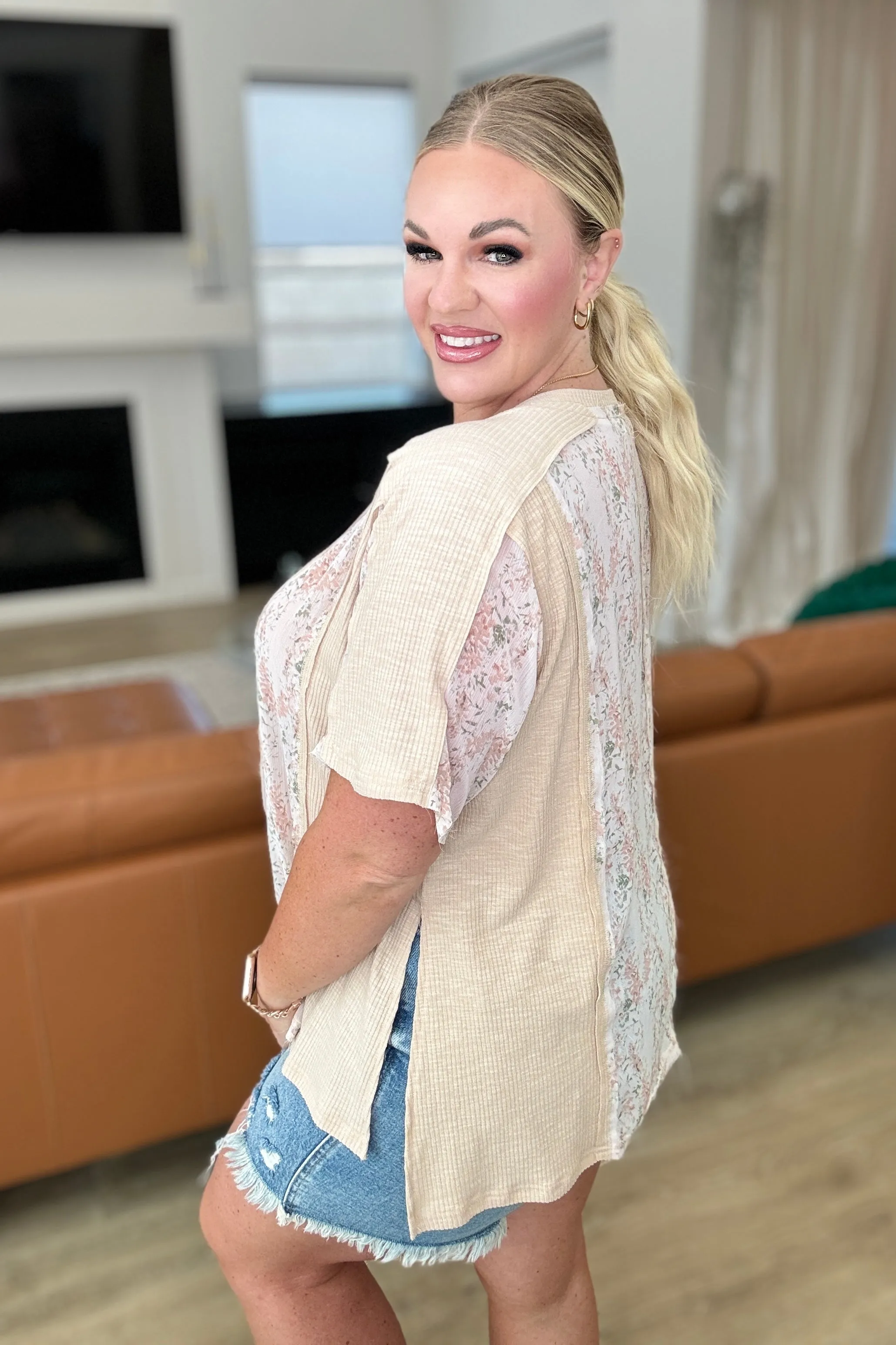 Mention Me Floral Accent Top in Toasted Almond