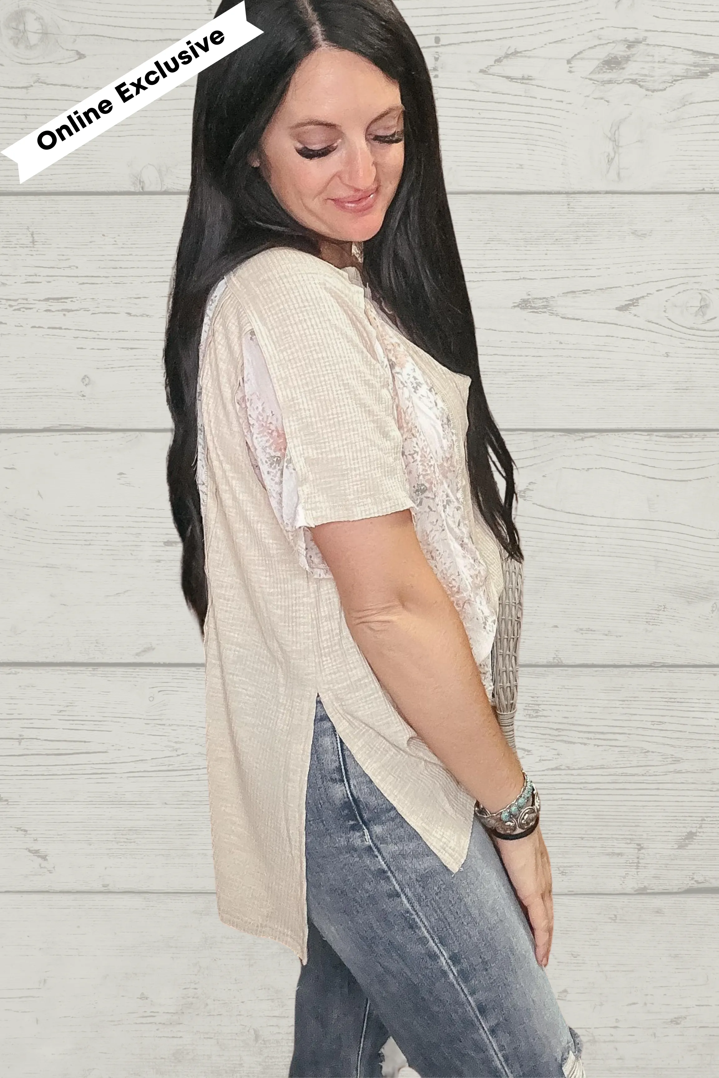 Mention Me Floral Accent Top in Toasted Almond