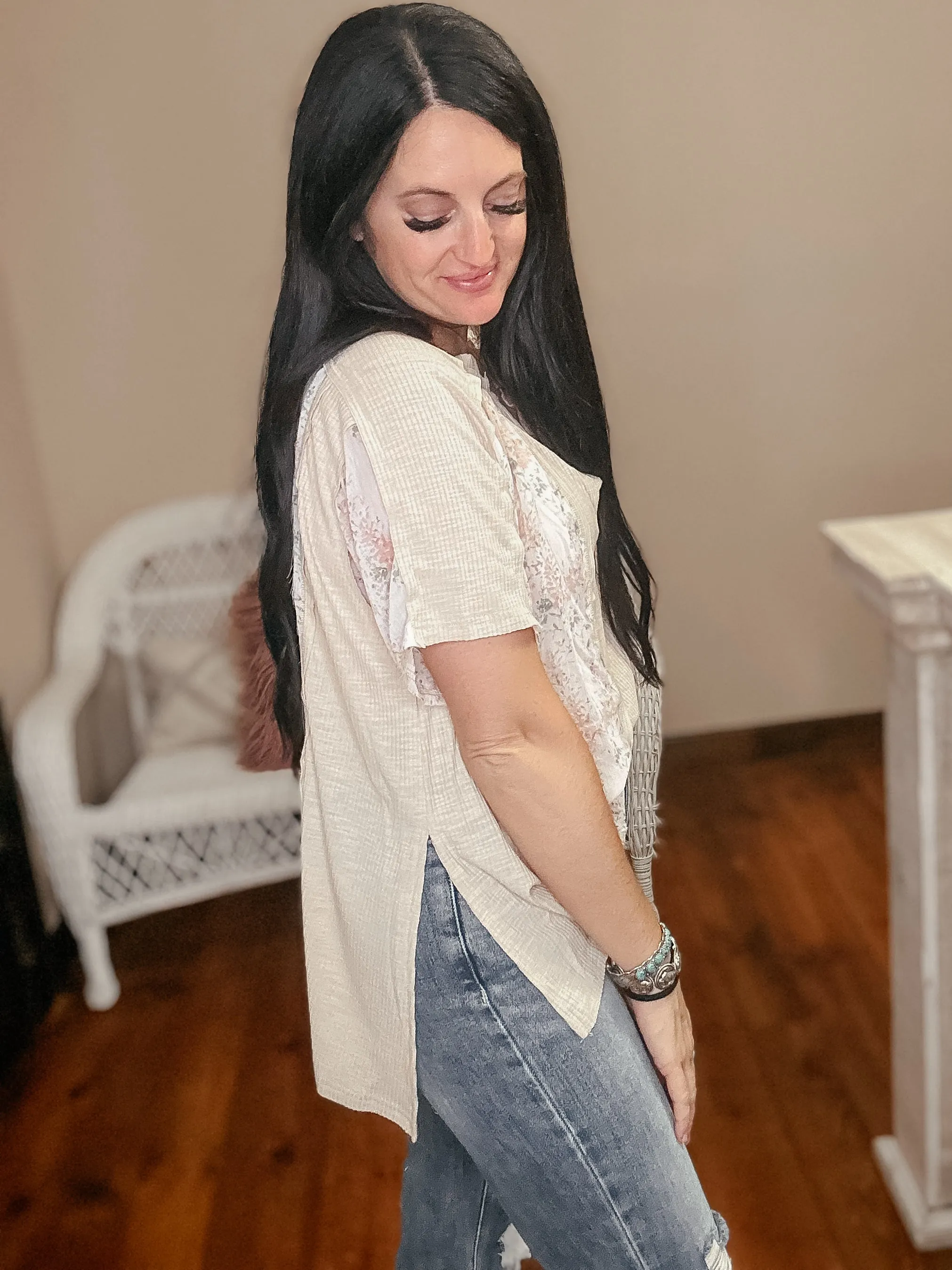 Mention Me Floral Accent Top in Toasted Almond