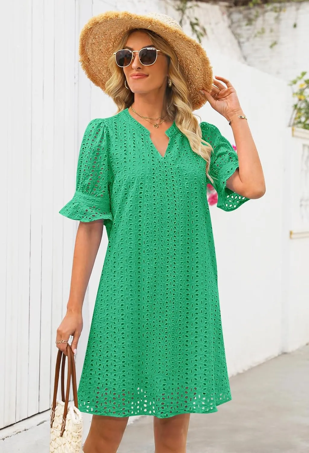 MEROKEETY Women's 2025 Summer Short Sleeve Mini Dress V Neck Ruffle Hollow Out Eyelet Lace Dresses