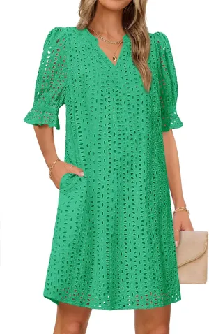 MEROKEETY Women's 2025 Summer Short Sleeve Mini Dress V Neck Ruffle Hollow Out Eyelet Lace Dresses