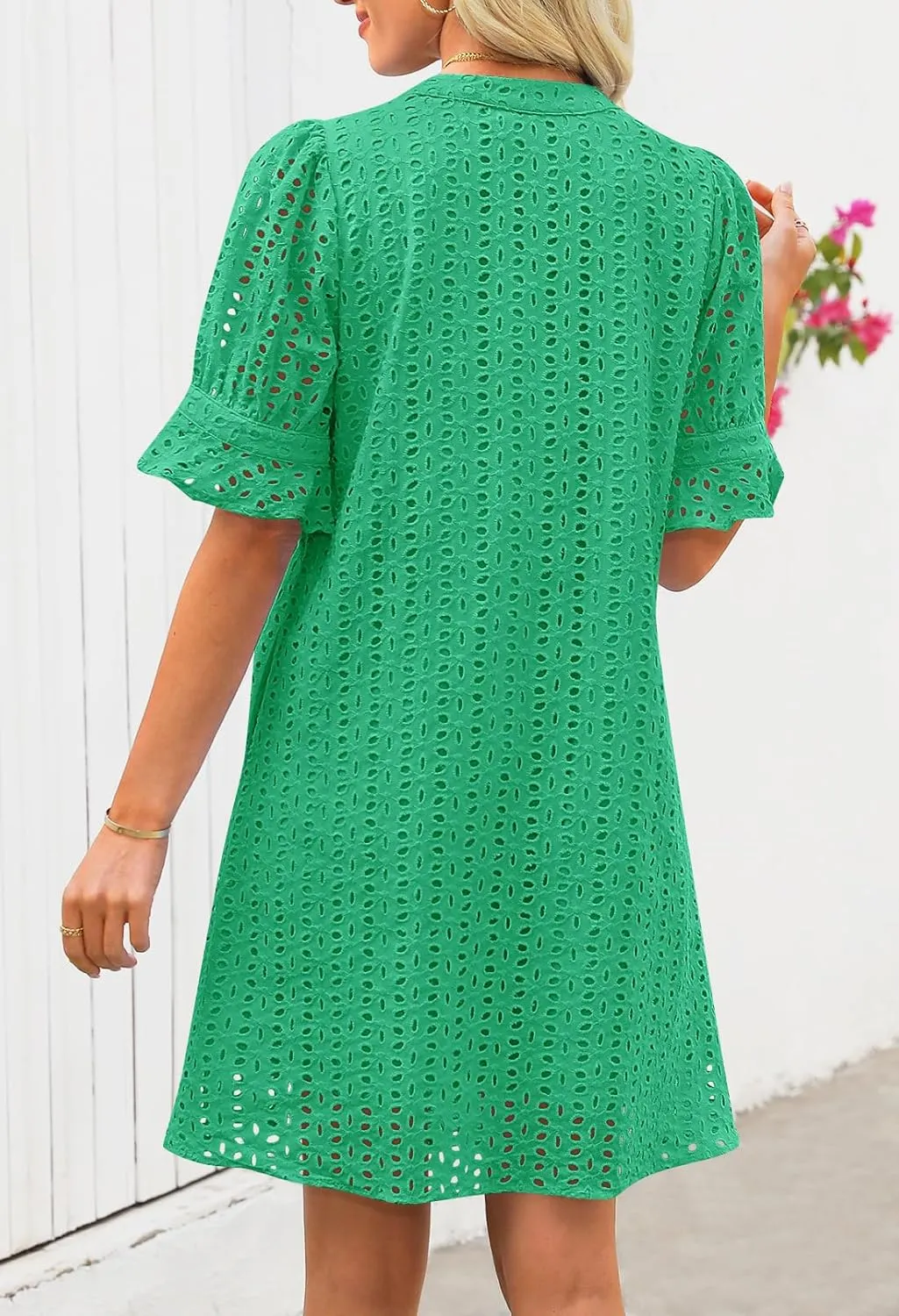 MEROKEETY Women's 2025 Summer Short Sleeve Mini Dress V Neck Ruffle Hollow Out Eyelet Lace Dresses