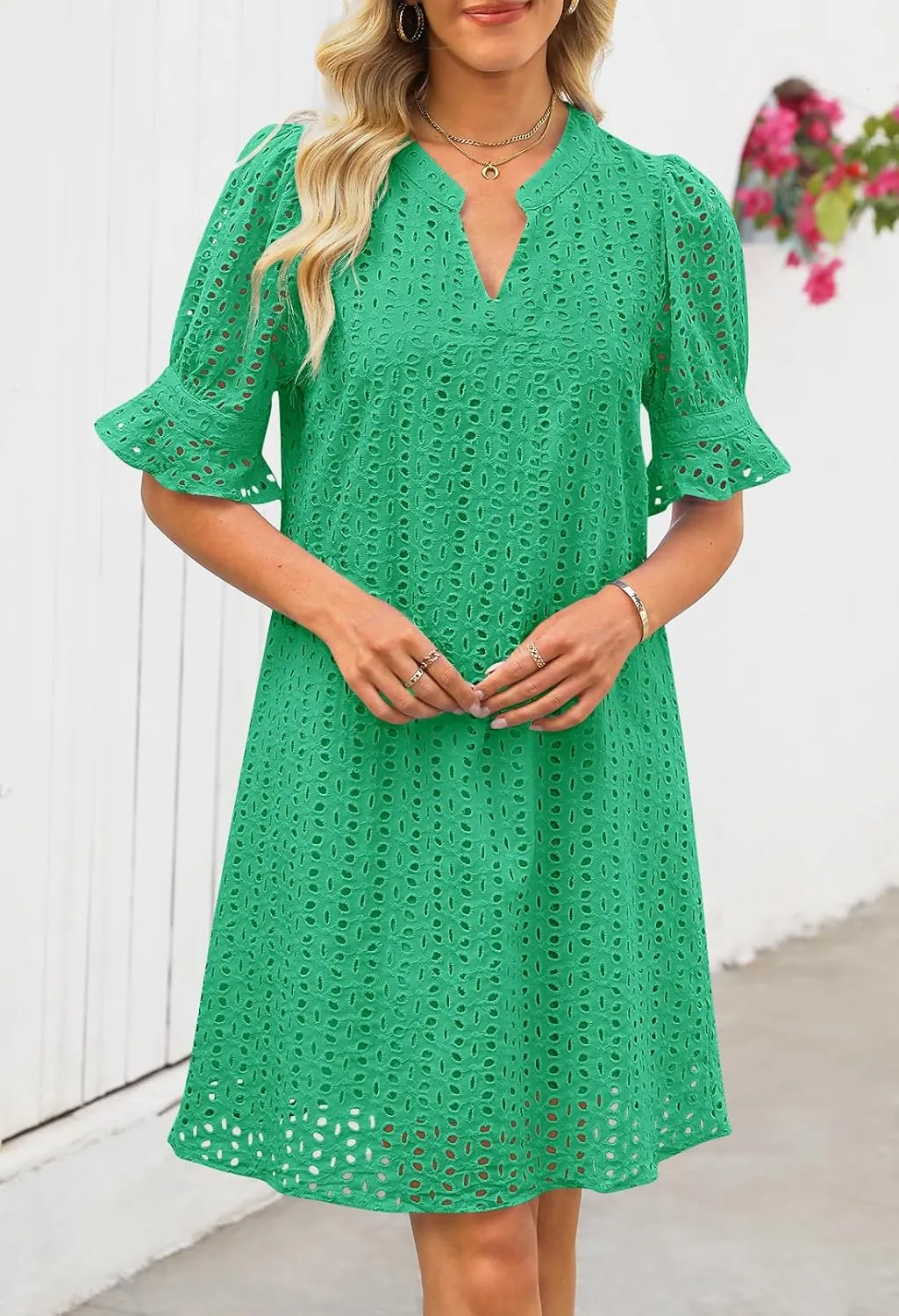 MEROKEETY Women's 2025 Summer Short Sleeve Mini Dress V Neck Ruffle Hollow Out Eyelet Lace Dresses