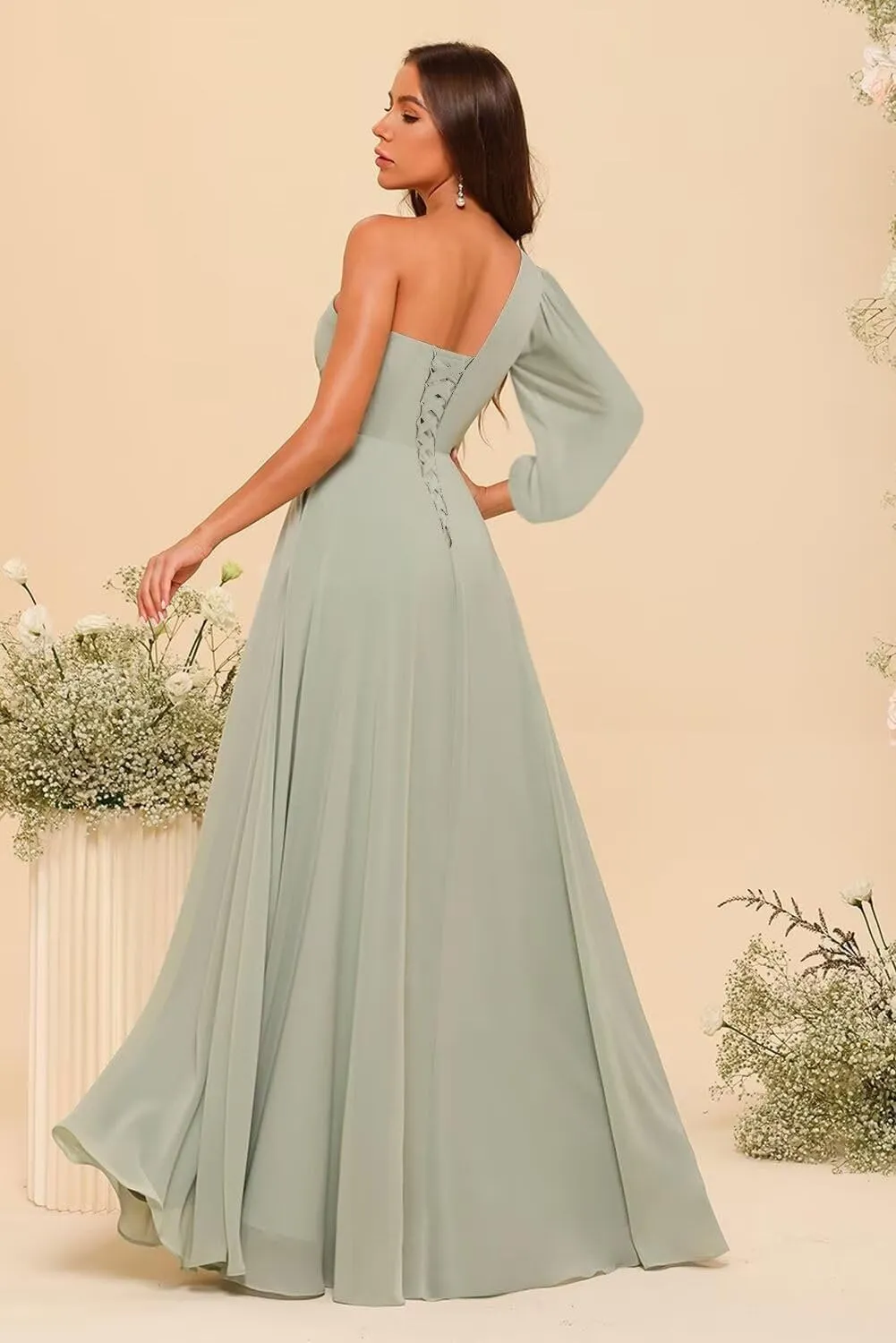 Miao Duo Women's Long Sleeves One Shoulder Bridesmaid Dresses Long Chiffon A Line Formal Dresses with Slit YZTS169