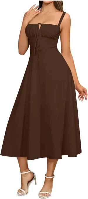 Midi Corset Dress Boho Flowy Slit Lace Up Dresses for Women Going Out A Line Casual Sundress Vacation Beach Dress