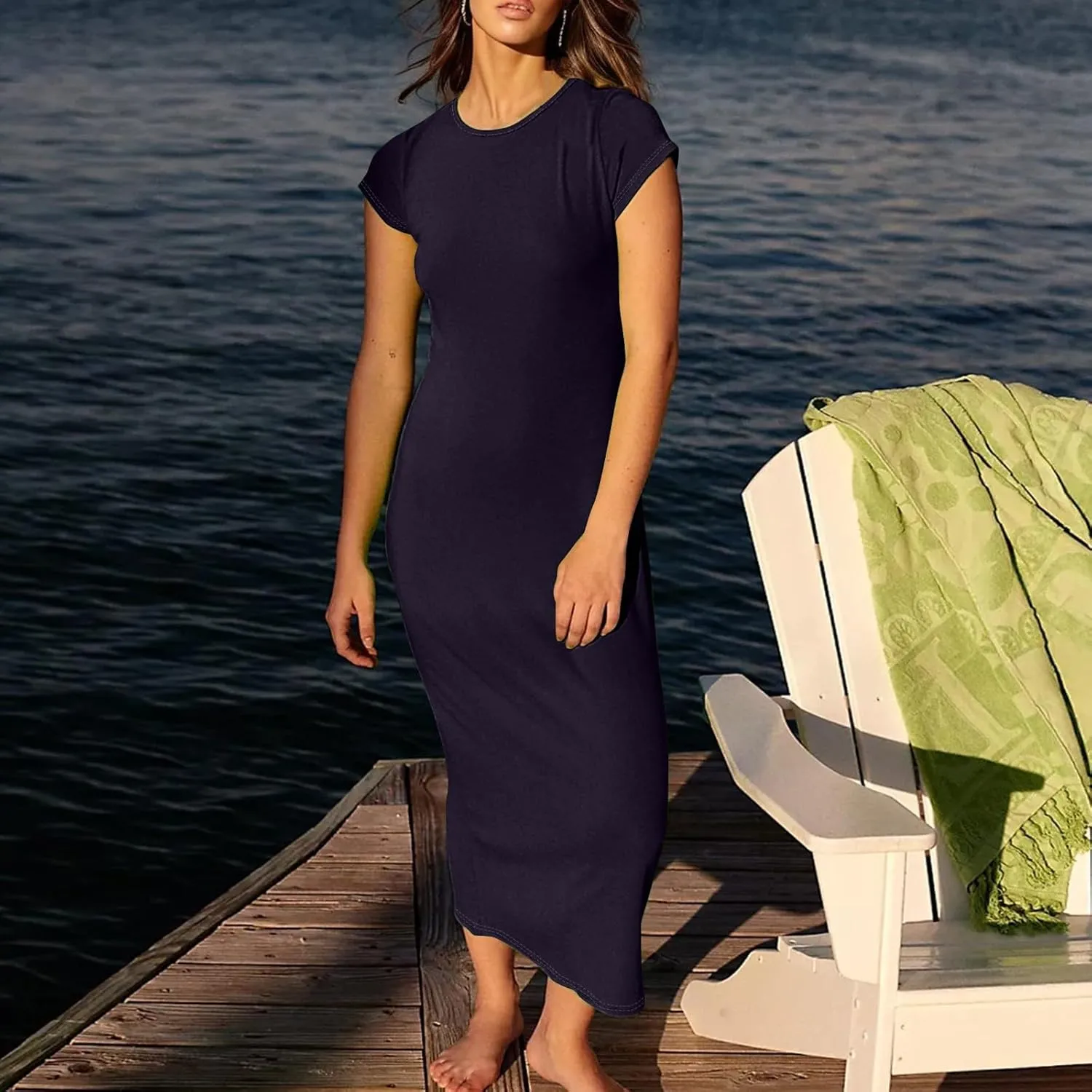 Midi Dresses for Women Summer Crewneck Short Sleeve Tshirt Dress Casual Modest Beach Vacation Homecoming Dresses