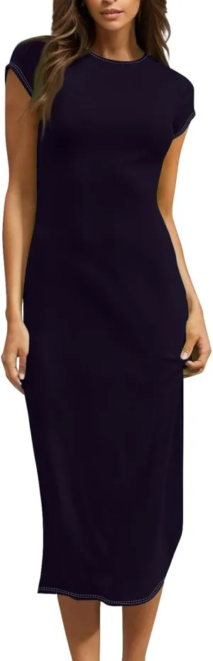 Midi Dresses for Women Summer Crewneck Short Sleeve Tshirt Dress Casual Modest Beach Vacation Homecoming Dresses