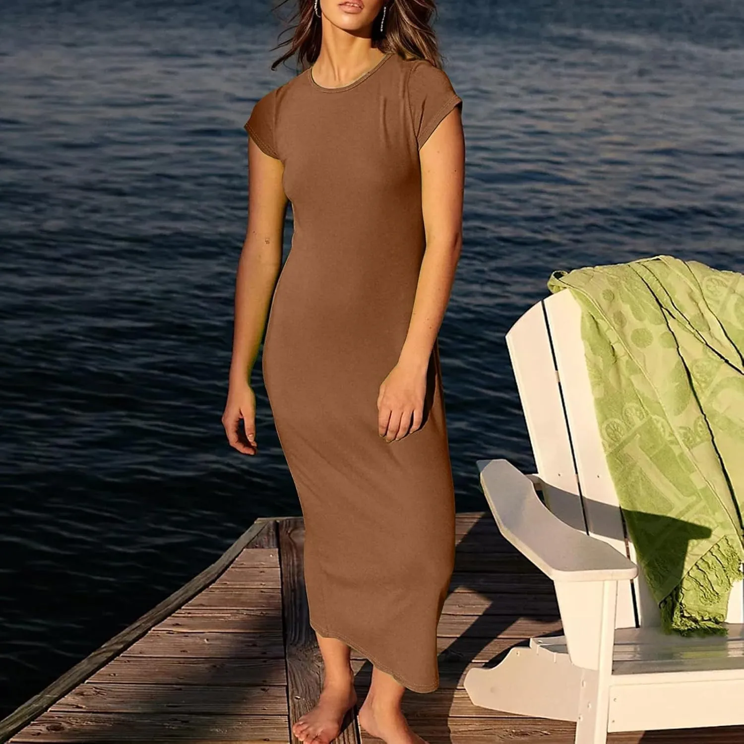 Midi Dresses for Women Summer Crewneck Short Sleeve Tshirt Dress Casual Modest Beach Vacation Homecoming Dresses