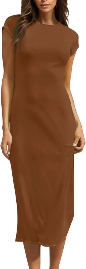 Midi Dresses for Women Summer Crewneck Short Sleeve Tshirt Dress Casual Modest Beach Vacation Homecoming Dresses