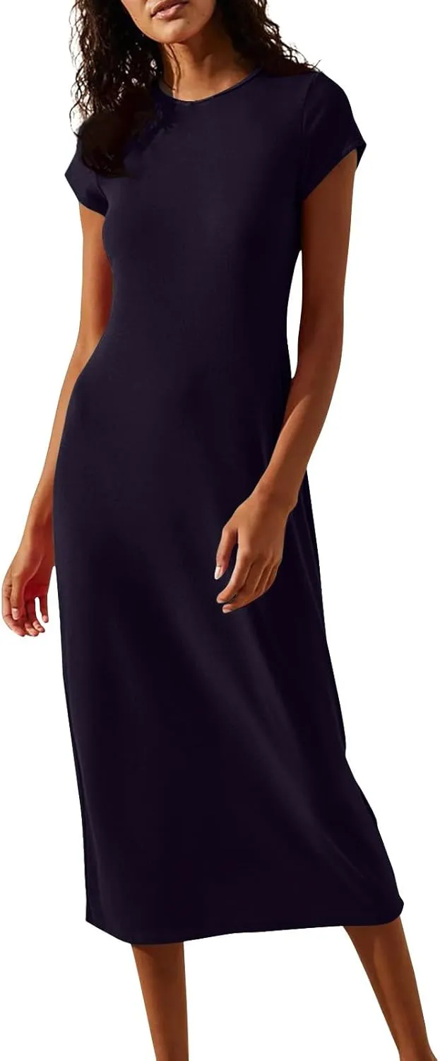 Midi Dresses for Women Summer Crewneck Short Sleeve Tshirt Dress Casual Modest Beach Vacation Homecoming Dresses