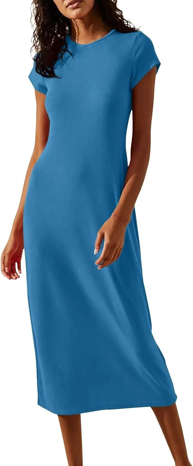 Midi Dresses for Women Summer Crewneck Short Sleeve Tshirt Dress Casual Modest Beach Vacation Homecoming Dresses