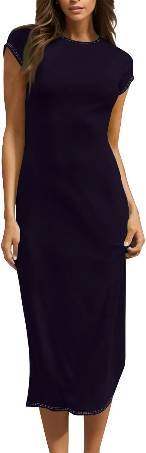 Midi Dresses for Women Summer Crewneck Short Sleeve Tshirt Dress Casual Modest Beach Vacation Homecoming Dresses