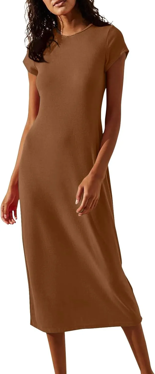Midi Dresses for Women Summer Crewneck Short Sleeve Tshirt Dress Casual Modest Beach Vacation Homecoming Dresses