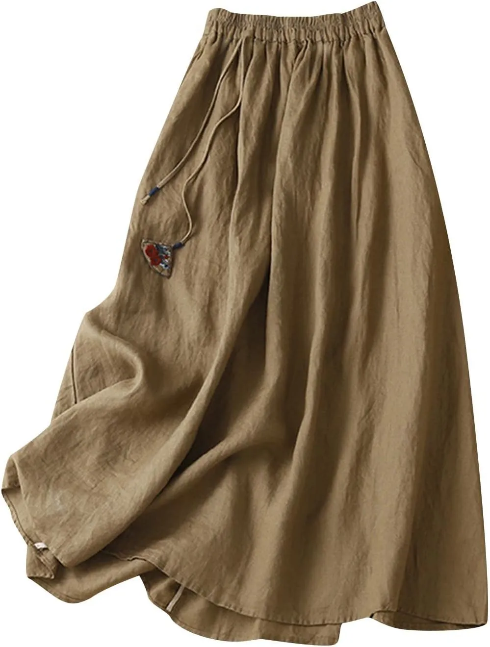 Midi Skirts for Women Stretchy Waist Belt Flowy Swing Skirt Casual Solid Color Knee Length Skirts with Zip Pockets