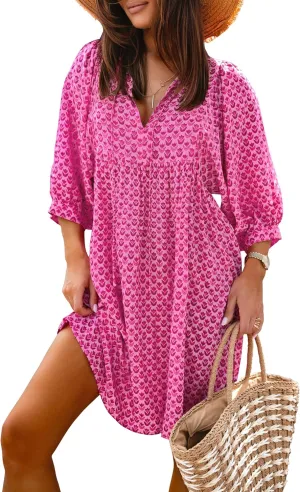 miduo Womens Casual V Neck Summer Half Sleeve Bohemian Floral Mini Tunic Short Dresses