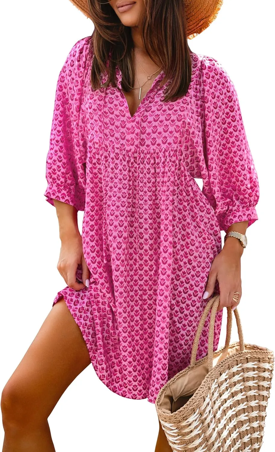 miduo Womens Casual V Neck Summer Half Sleeve Bohemian Floral Mini Tunic Short Dresses