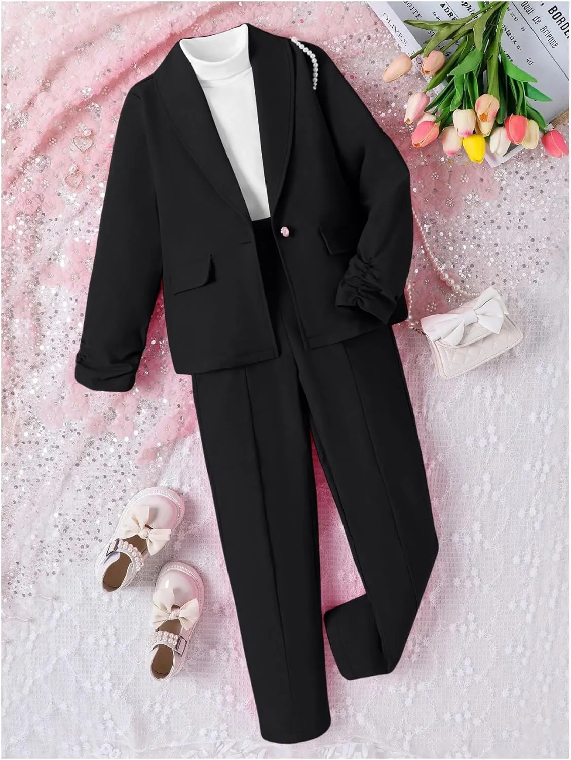 Milumia Girl's 2 Piece Outfits Button Long Sleeve Blazer and Pants Set