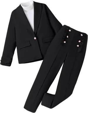 Milumia Girl's 2 Piece Outfits Button Long Sleeve Blazer and Pants Set