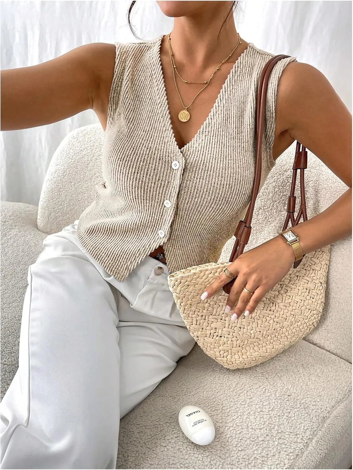 Milumia Women's Textured Button Down V Neck Vest Top Split Hem Sleeveless Tank Tops