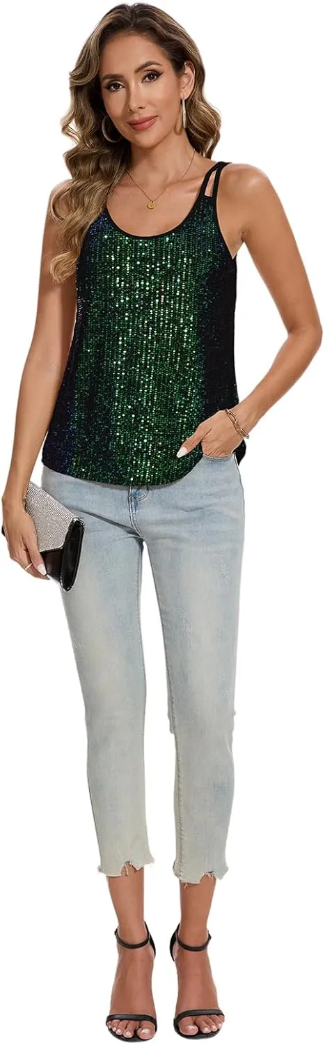 MINTLIMIT Sequin Tops for Women Sleeveless Sparkle Shimmer Tank Tops Glitter Disco Party Camisole Vest Top Blouse Shirt