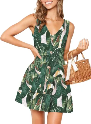 MITILLY Women's Casual T-Shirt Dresses Sleeveless V Neck Button Down A Line Loose Swing Short Dress with Pockets