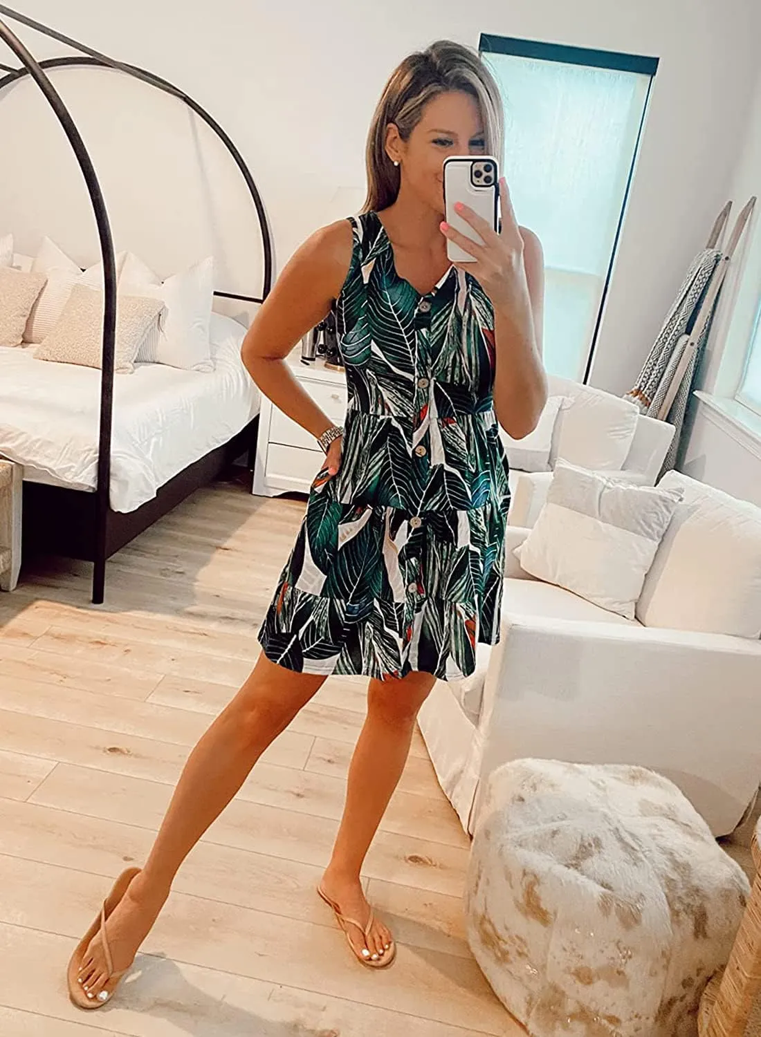 MITILLY Women's Casual T-Shirt Dresses Sleeveless V Neck Button Down A Line Loose Swing Short Dress with Pockets