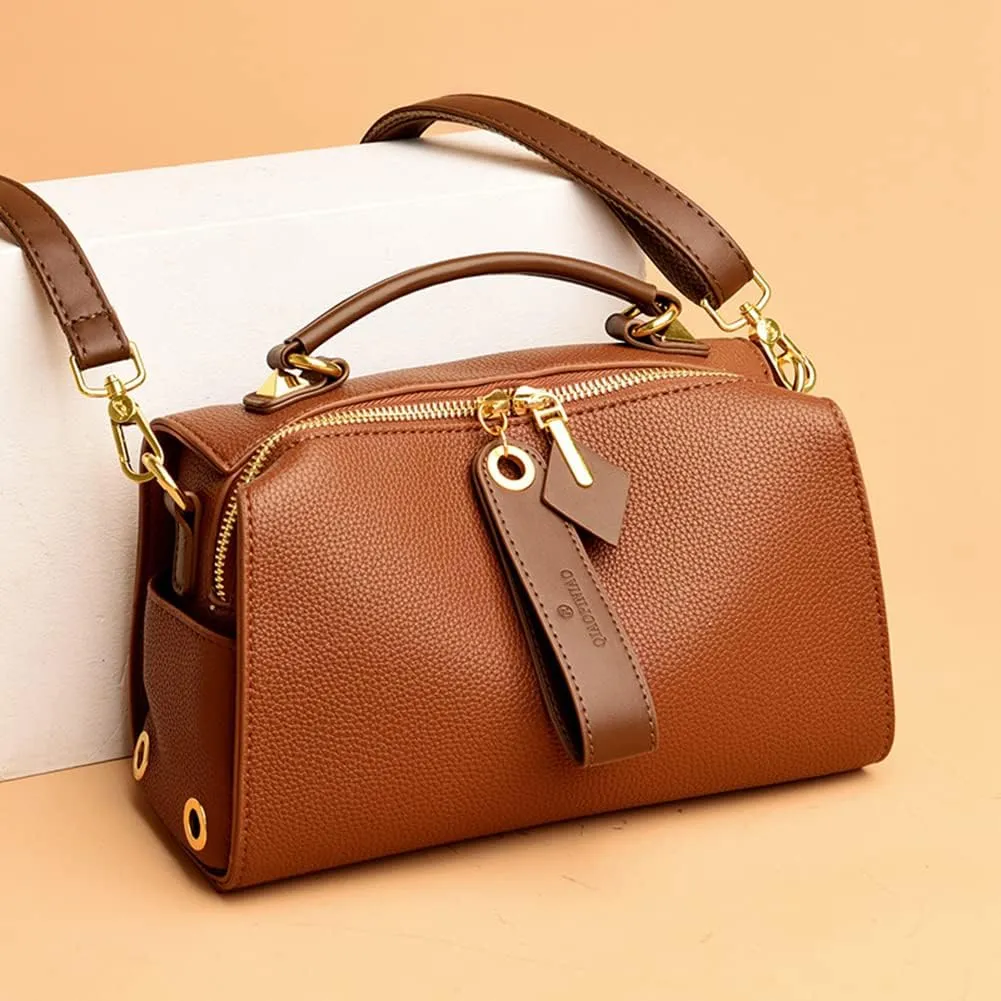 Mn&Sue Barrel Purses for Women Medium Size Leather Handbag Ladies Satchel Fashion Crossbody Bags with Convertible Strap