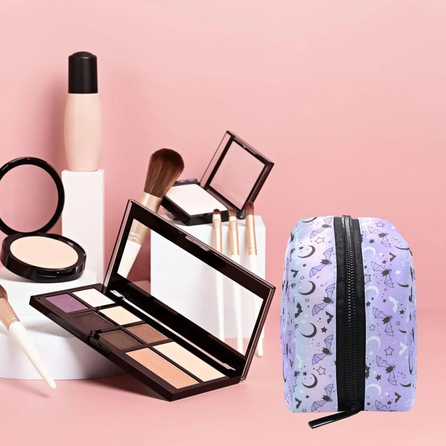MNSRUU Small Cosmetic Bag for Girl Women Travel, Bats Moons and Stars Makeup Toiletry Organizer Bags with Compartments