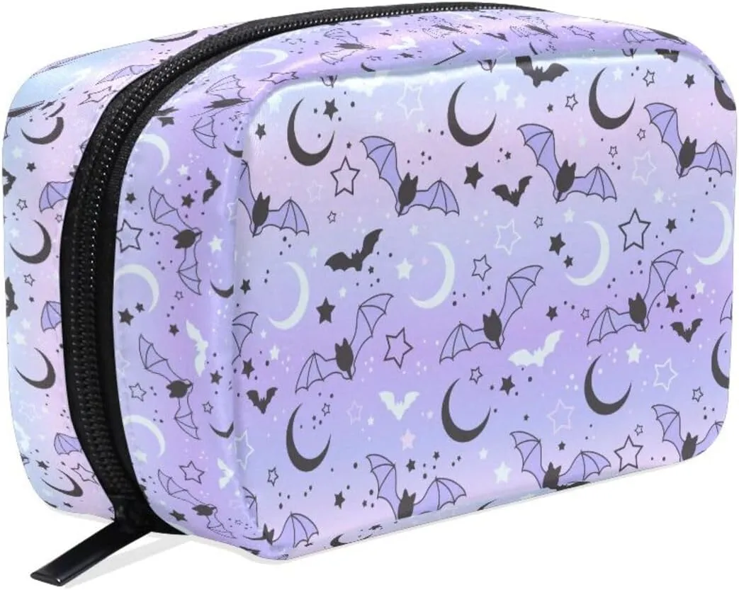 MNSRUU Small Cosmetic Bag for Girl Women Travel, Bats Moons and Stars Makeup Toiletry Organizer Bags with Compartments