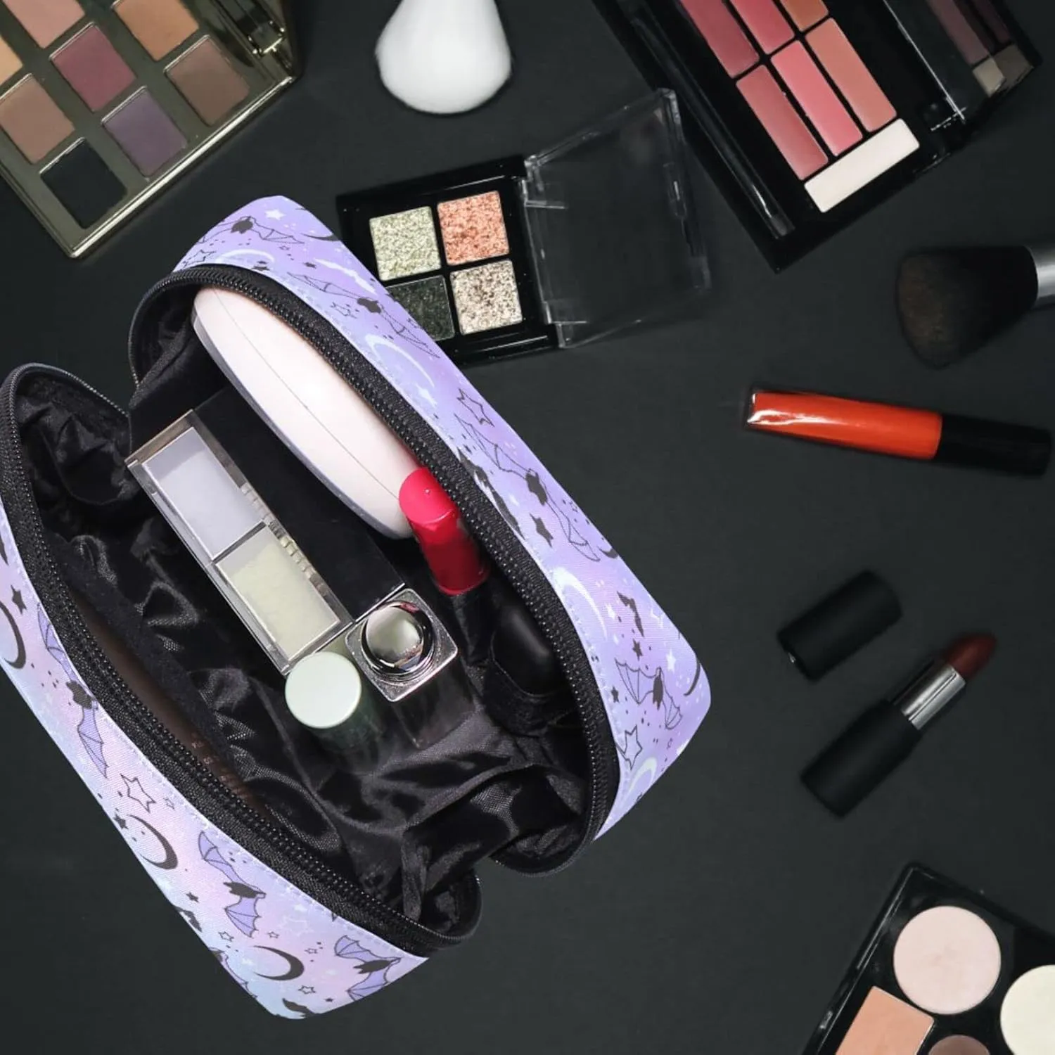 MNSRUU Small Cosmetic Bag for Girl Women Travel, Bats Moons and Stars Makeup Toiletry Organizer Bags with Compartments