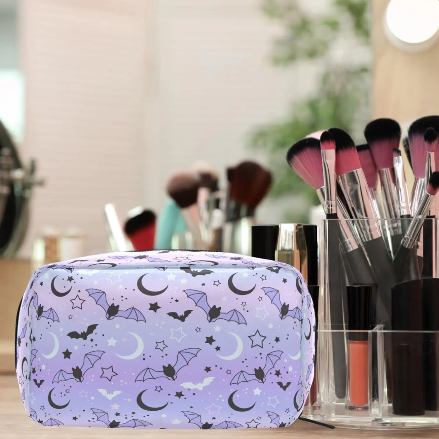MNSRUU Small Cosmetic Bag for Girl Women Travel, Bats Moons and Stars Makeup Toiletry Organizer Bags with Compartments