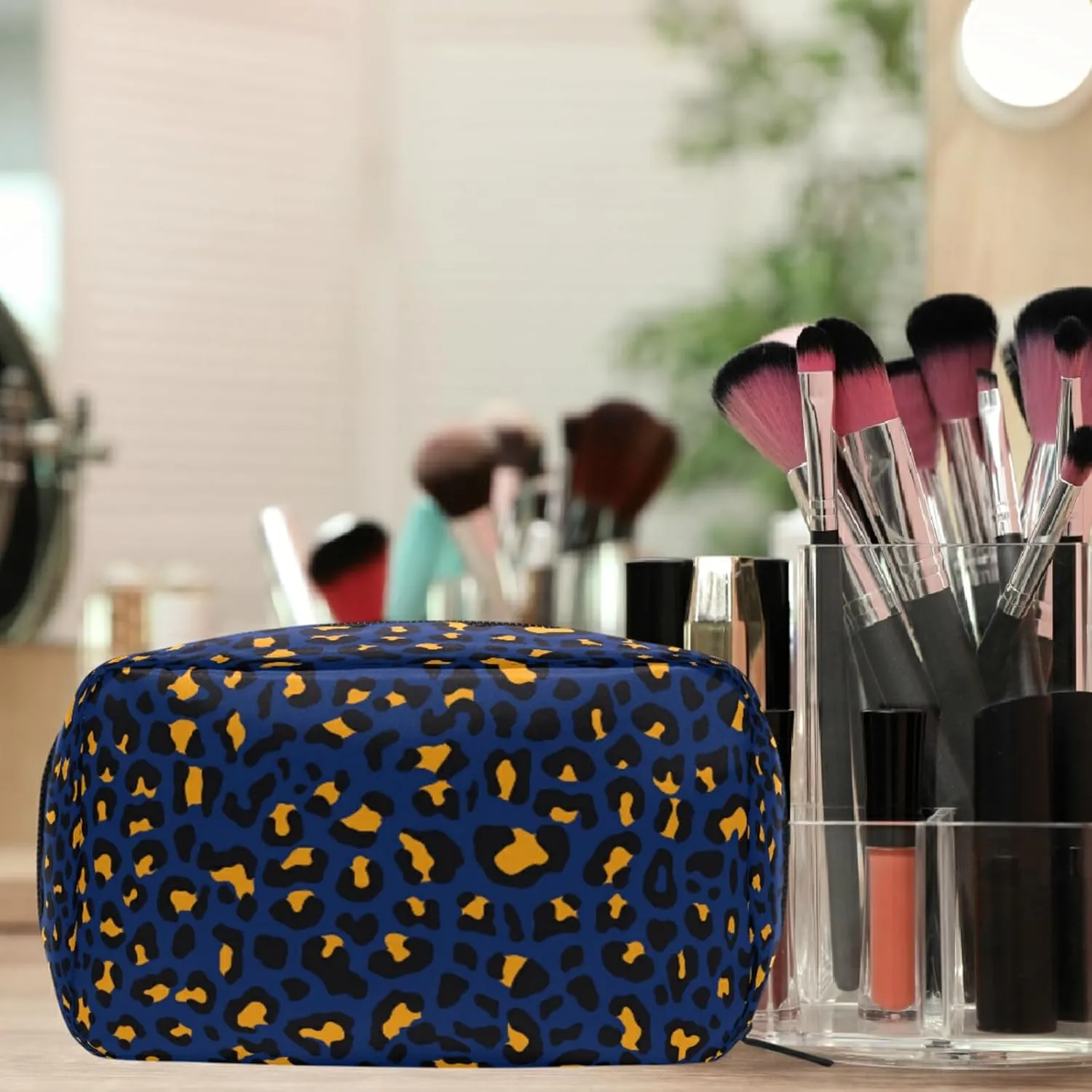 MNSRUU Small Cosmetic Bag for Girl Women Travel, Blue Yellow Leopard Makeup Toiletry Organizer Bags with Compartments