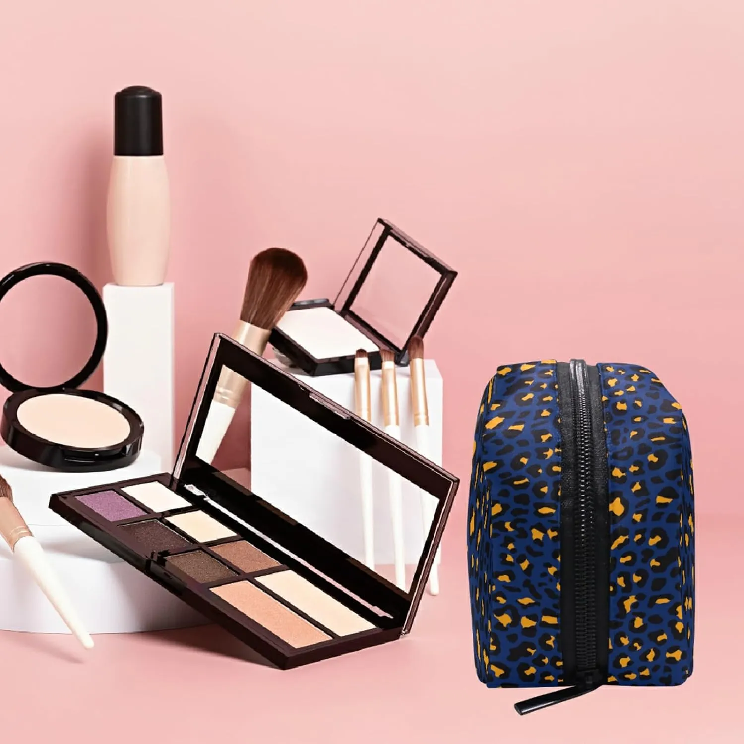 MNSRUU Small Cosmetic Bag for Girl Women Travel, Blue Yellow Leopard Makeup Toiletry Organizer Bags with Compartments