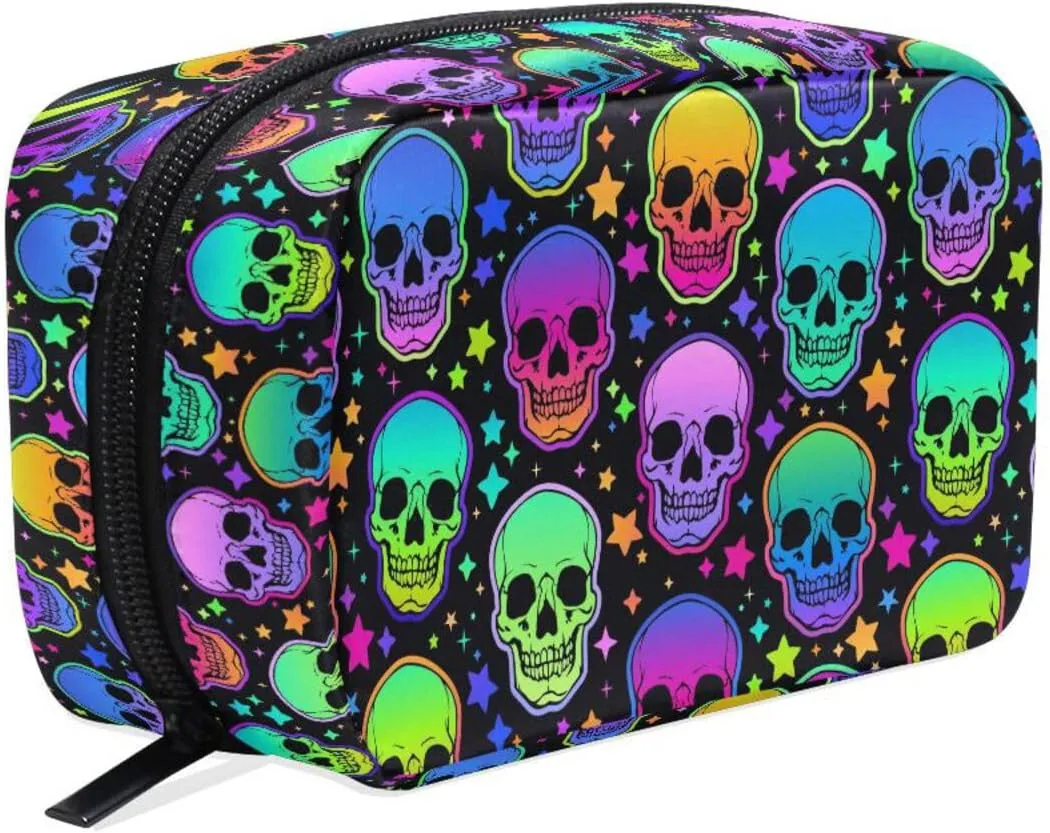 MNSRUU Small Cosmetic Bag for Girl Women Travel, Bright Skulls Makeup Toiletry Organizer Bags with Compartments