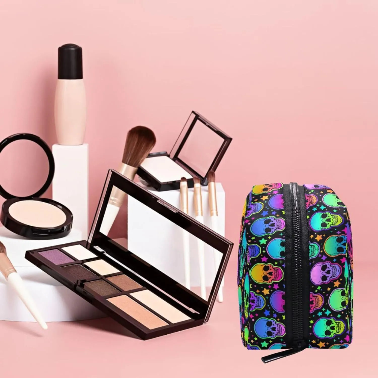MNSRUU Small Cosmetic Bag for Girl Women Travel, Bright Skulls Makeup Toiletry Organizer Bags with Compartments