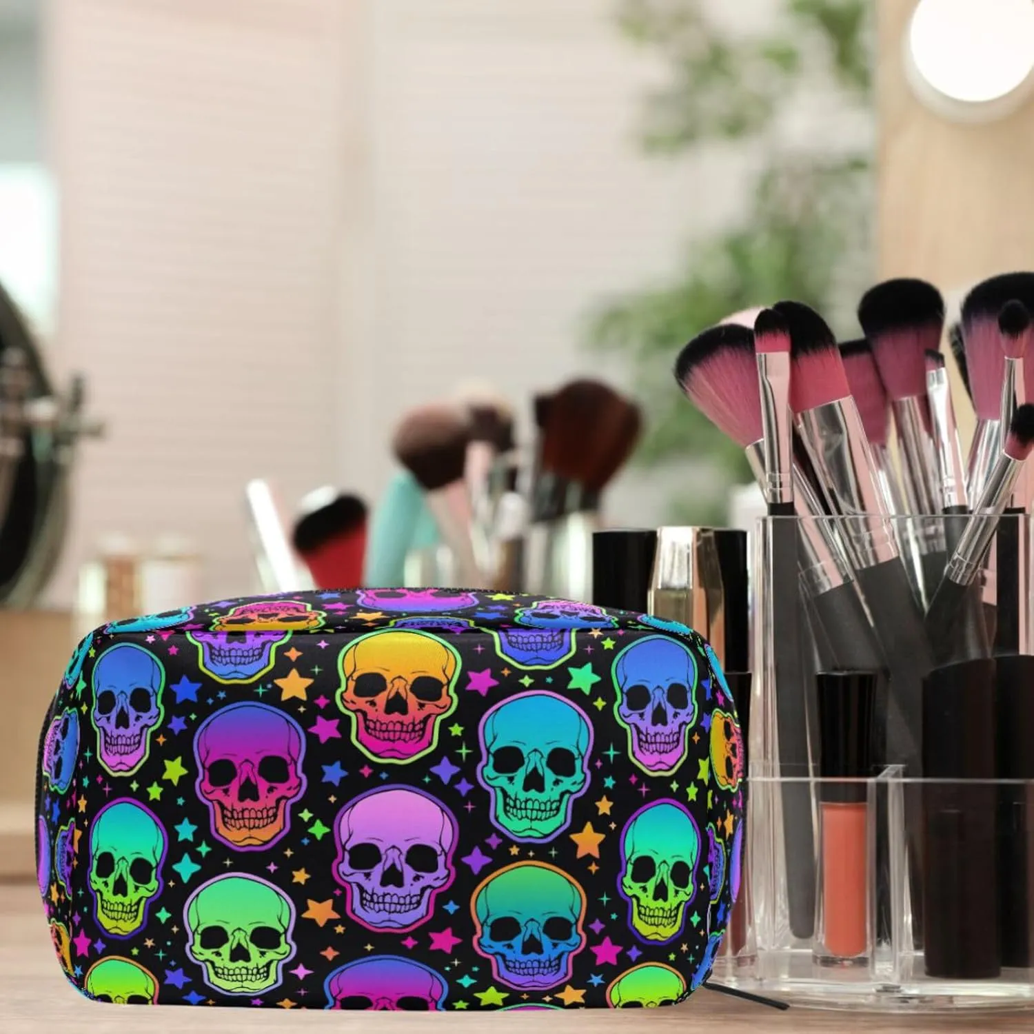 MNSRUU Small Cosmetic Bag for Girl Women Travel, Bright Skulls Makeup Toiletry Organizer Bags with Compartments