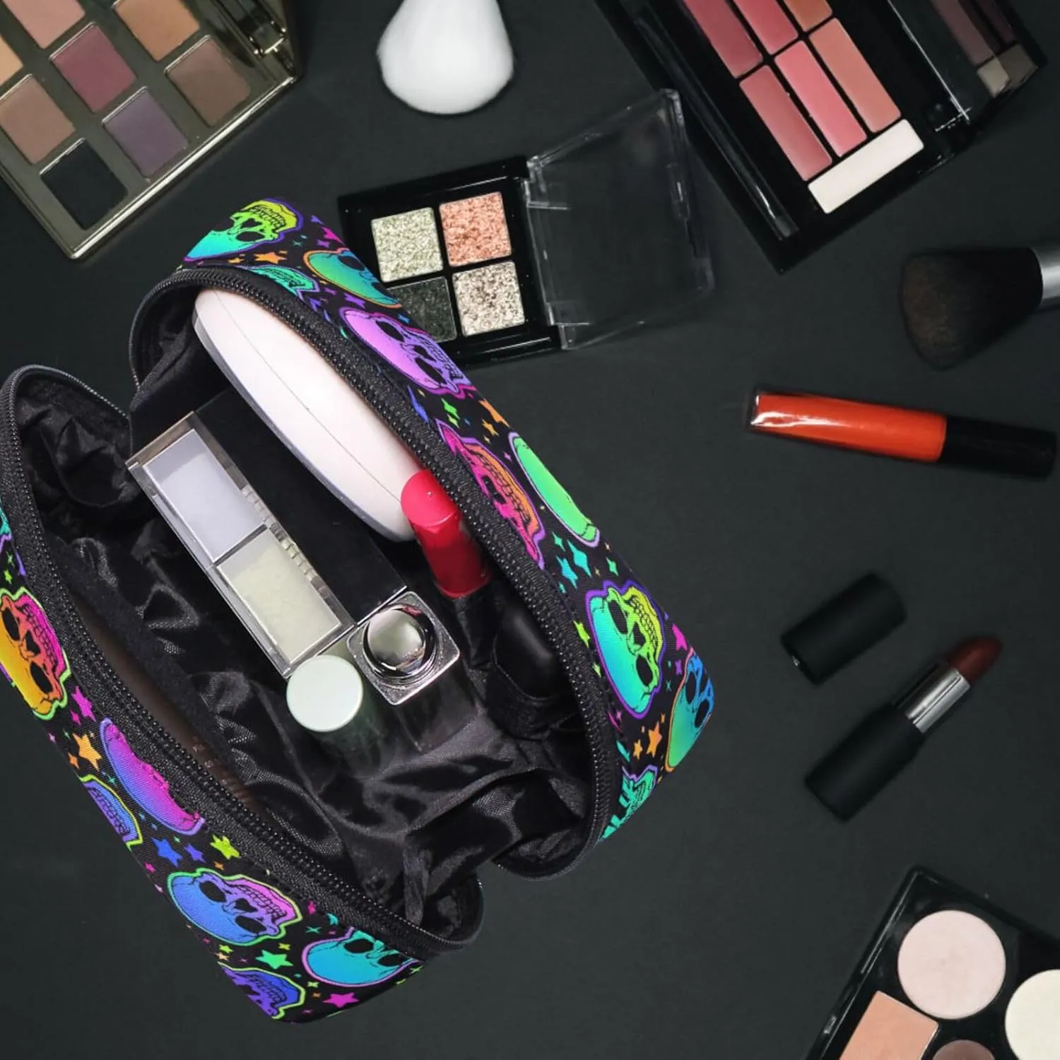 MNSRUU Small Cosmetic Bag for Girl Women Travel, Bright Skulls Makeup Toiletry Organizer Bags with Compartments
